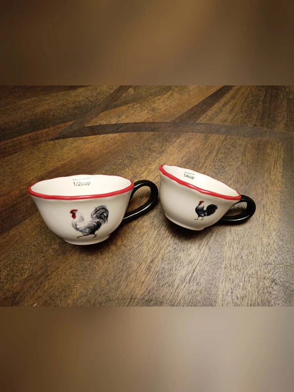Cracker Barrel Rooster Ceramic Measuring Cup Set Farmhouse Kitchen 1/2 & 1/4 Cup